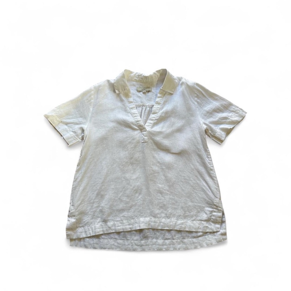 ✨LOFT White Linen Collared V-Neck Top